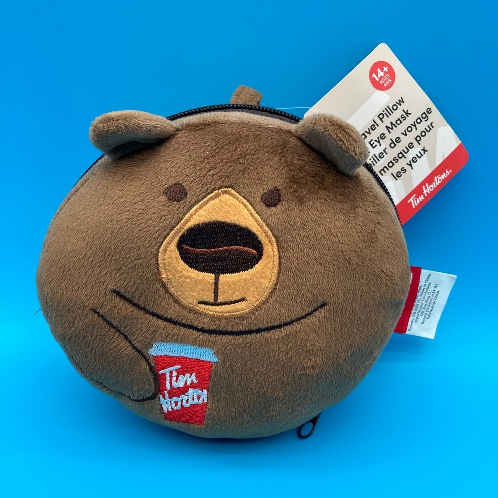 Tim Hortons Travel Pillow & Eye Mask Combo Brown Bear With Coffee Cup NWT
